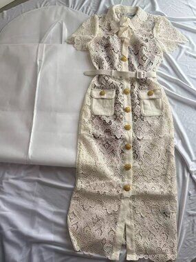 Self-Portrait Cream Floral Guipure Lace Midi Dress US 4 UK 8 Belted